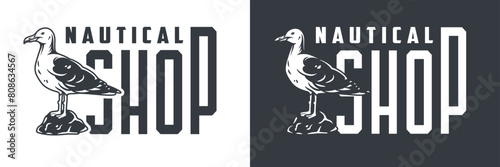 Monochromatic logo featuring a stylized seagull, representing a nautical shop for marine-themed businesses, showcasing a strong oceanic identity in a modern graphic style