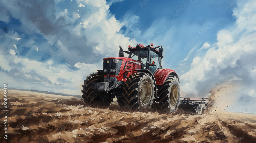 A red tractor is plowing a field A red tractor is plowing a field