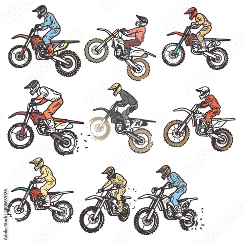 Nine motocross riders illustrated performing dirt bike stunts, wearing colorful racing gear, helmets. Riders midaction, varied stances, sporting different hues, showcasing motion, sports theme