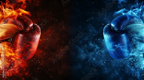 Two boxing gloves clashing in the center, with ample copyspace for adding text. Ideal for a fight night poster, showcasing the intense moment before a boxing match between opponents. © TensorSpark