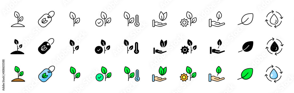 Plants icons collection. Linear, silhouette and flat style. Vector icons Plants icons collection. Linear, silhouette and flat style. Vector icons