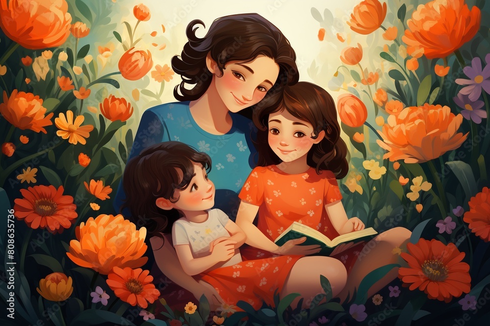 A mother is reading a book with children. A mother is reading a book with children.
