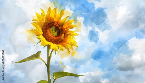 Watercolor Painting of a Sunflower Against a Blue Sky