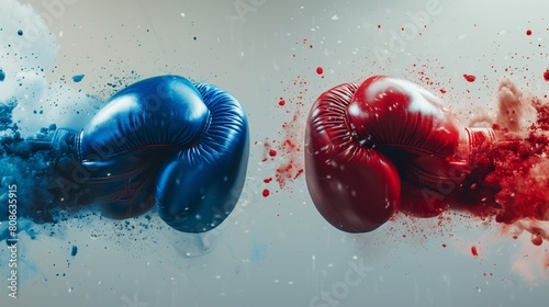 Two boxing gloves clashing in the center, with ample copyspace for adding text. Ideal for a fight night poster, showcasing the intense moment before a boxing match between opponents. photo