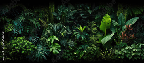 Rainforest foliage plants bushes palm and tropical plants leaves in tropical garden on black background 