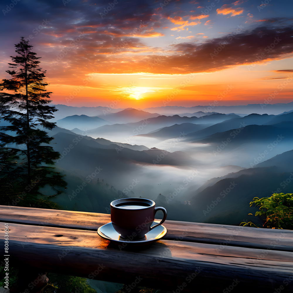 Warm morning coffee on a table with a view of the sunrise over a misty mountain range Warm morning coffee on a table with a view of the sunrise over a misty mountain range