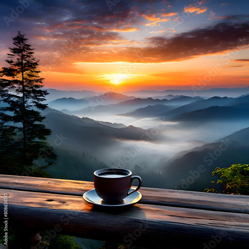 Warm morning coffee on a table with a view of the sunrise over a misty mountain range