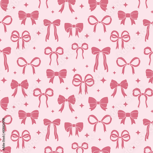 Pink bows and ribbons seamless pattern, Valentines design background, coquette core, handdrawn vector illustration