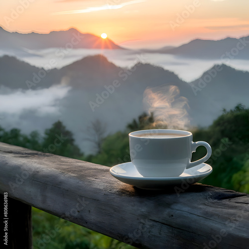 Warm morning coffee on a table with a view of the sunrise over a misty mountain range