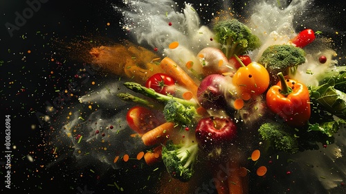 Explosion of various vegetable powder on pure black UHD wallpaper