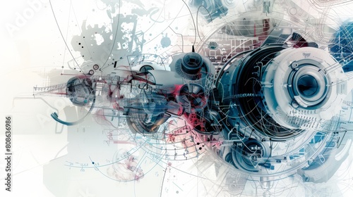 Abstract digital art featuring mechanical parts and circuits creating a futuristic technology concept in a dynamic composition.