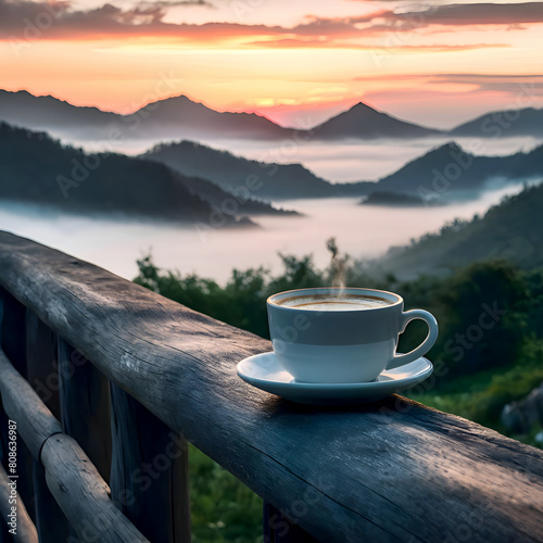 Warm morning coffee on a table with a view of the sunrise over a misty mountain range