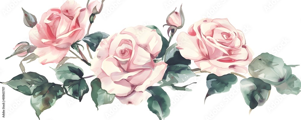 Romantic Watercolor Painting of Roses in Soft Pinks and Whites
