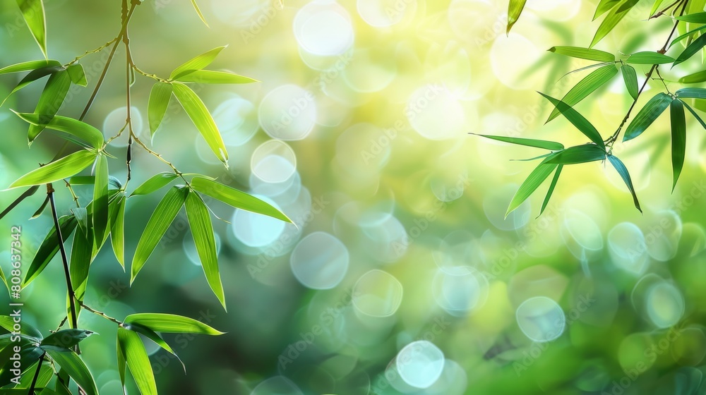 Frame of fresh green bamboo leaves isolated on blurred abstract sunny background banner Frame of fresh green bamboo leaves isolated on blurred abstract sunny background banner