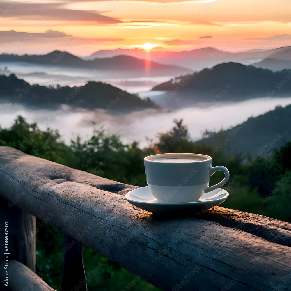 Warm morning coffee on a table with a view of the sunrise over a misty mountain range Warm morning coffee on a table with a view of the sunrise over a misty mountain range