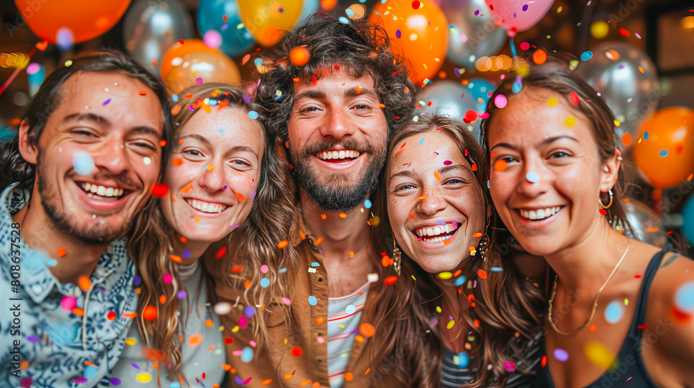 Joyful celebration with friends and confetti Joyful celebration with friends and confetti
