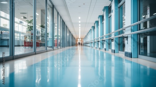 Long empty hospital corridor with blue walls and a shiny floor. Medical background  Clinic Image  interior design