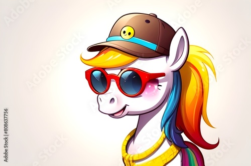Colorful cartoon pony with sunglasses with hat with smiley face with copy space