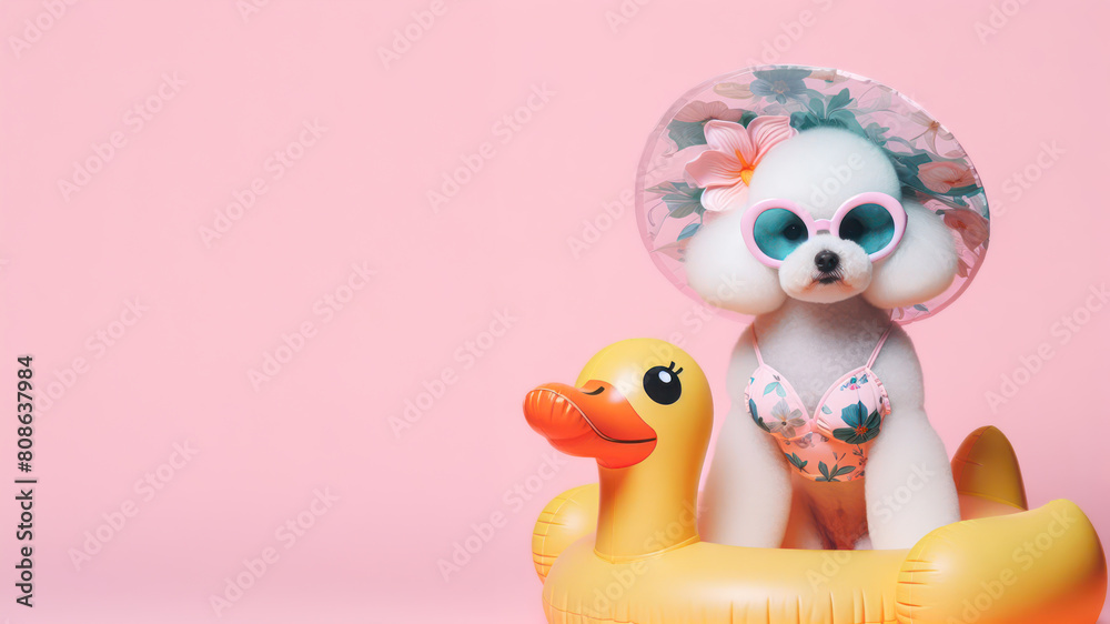 Funny dog wearing summer fashion with rubber ring on pastel background. Summer Vacation Concept.
