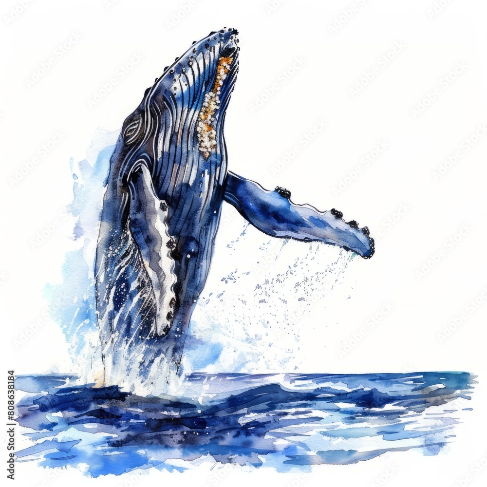 Watercolor painting of a magnificent humpback whale breaching the ...