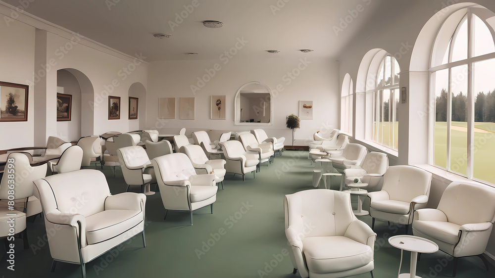 White interior of the golf club. Retro chairs