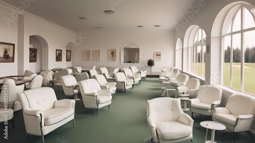 White interior of the golf club. Retro chairs © Husnain
