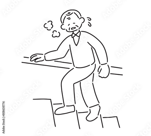 階段で息切れするシニア男性のイラスト