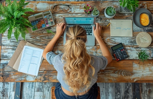Close up of a business woman calculating finances, using calculator and laptop, holding receipt, female bookkeeper checking documents, paying bills