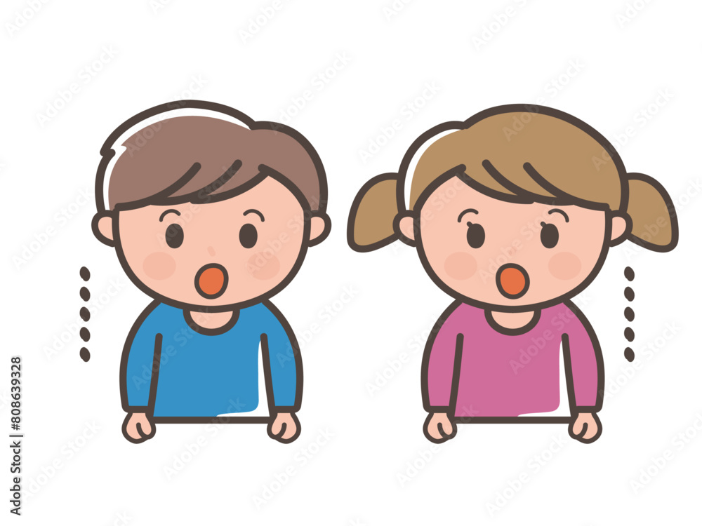 口を開けてぽかーんとする男の子と女の子の上半身イラスト(小学生、幼児、子供) 口を開けてぽかーんとする男の子と女の子の上半身イラスト(小学生、幼児、子供)