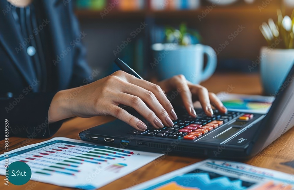 Close up of a business woman calculating finances, using calculator and laptop, holding receipt, female bookkeeper checking documents, paying bills Close up of a business woman calculating finances, using calculator and laptop, holding receipt, female bookkeeper checking documents, paying bills