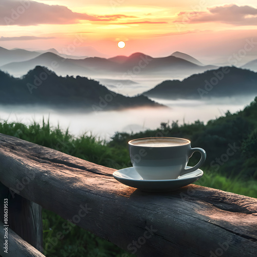 Warm morning coffee on a table with a view of the sunrise over a misty mountain range