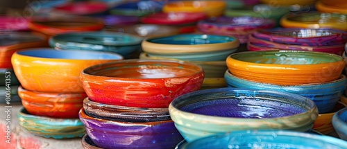 Close up of colorful handmade pottery in an artisan s workshop