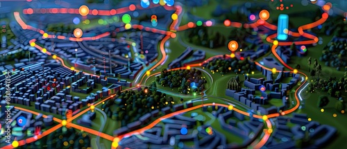 Close up of a futuristic city public transport system map, seamless urban mobility