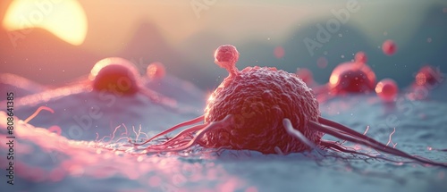 Detailed 3D visualization of cancer cell apoptosis, focusing on the process of programmed cell death