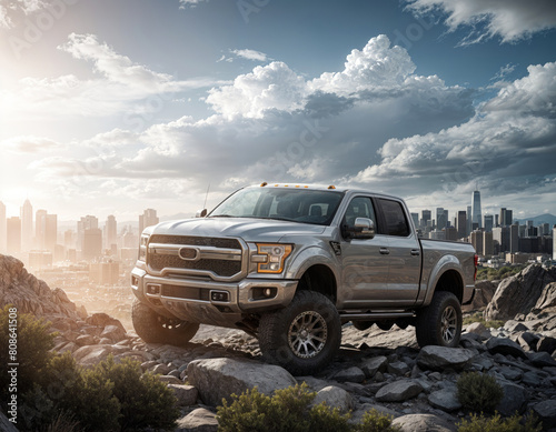 imponente camioneta rustica en terreno rocoso con ciudad moderna de fondo 
