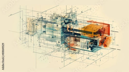 Abstract technical drawing concept with a 3D exploded view of mechanical parts, featuring a blend of engineering and artistic design elements.