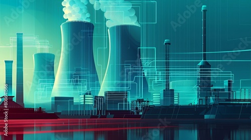 Detailed illustration of a nuclear power plant with multiple cooling towers, steam emissions, and a vivid teal blueprint overlay