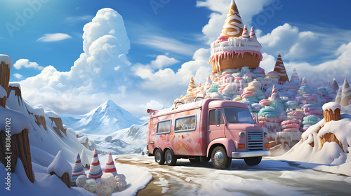 Envision an ice cream truck navigating a treacherous rocky road. The driver wears a chef's hat and wields a scoop like a sword. photo