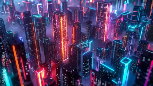 Vibrant 3D rendered cityscape with futuristic skyscrapers lit in neon blue and pink hues