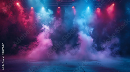 A stage with blue and red lights and smoke