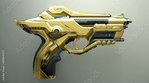 Highly detailed futuristic golden sci-fi handgun with intricate design on a neutral backdrop