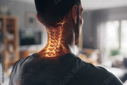 Highlighted neck of a man with neck pain at home in a hyper digital composite photo with copy space photo