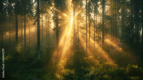 Serene forest scene at sunrise with soft fog and rays of light piercing through the trees, crafted for tranquil meditation app wallpapers