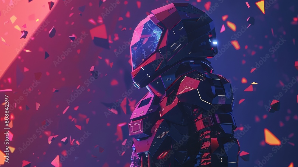 Fototapeta premium Futuristic soldier in a high-tech armor surrounded by floating digital fragments in a dynamic combat scenario