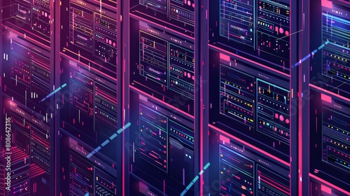 Stylized illustration of a futuristic server room in an isometric view, showcasing high-tech data centers with vibrant neon lights and advanced digital infrastructure