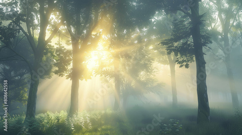 Serene forest scene at sunrise with soft fog and rays of light piercing through the trees, crafted for tranquil meditation app wallpapers