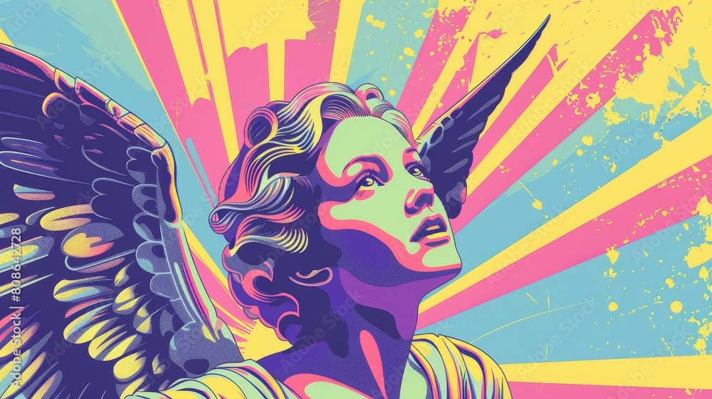 Colorful pop art illustration of a woman with angel wings against a radiant, vibrant backdrop