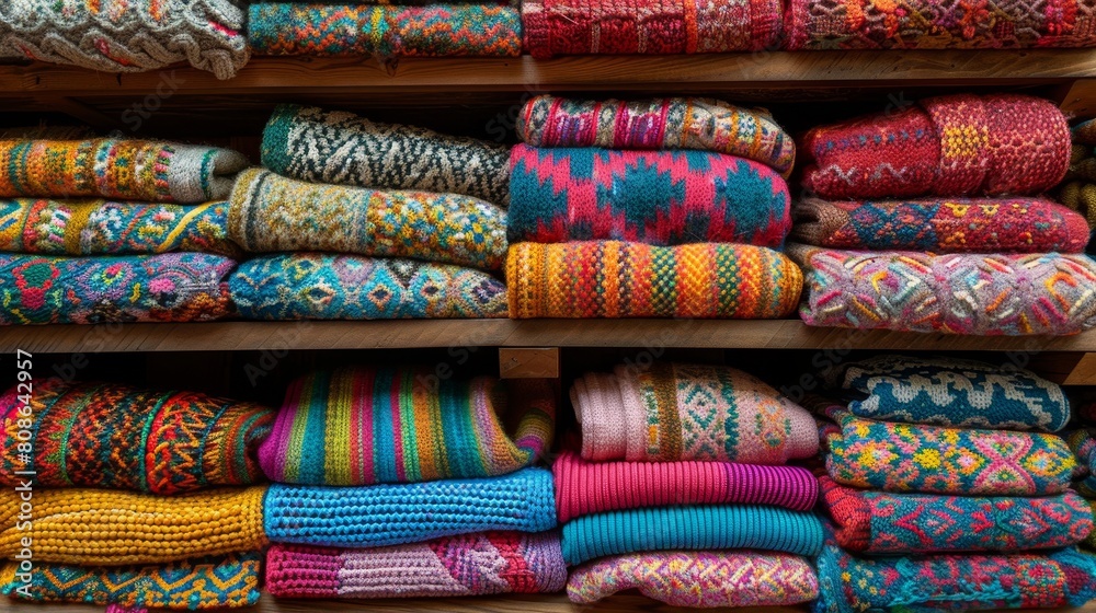 Sunlight beams gently on a vibrant array of hand-knit sweaters displayed on wooden shelves, close-up details of the intricate patterns