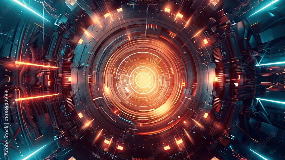 A fusion reactor, illustrated within a cybernetic organism environment, featuring detailed, geometric patterns and a glossy, modern finish A fusion reactor, illustrated within a cybernetic organism environment, featuring detailed, geometric patterns and a glossy, modern finish