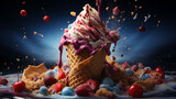 Freeze the moment when a scoop of ice cream is about to meet a crispy waffle cone. Highlight the swirls and colors.